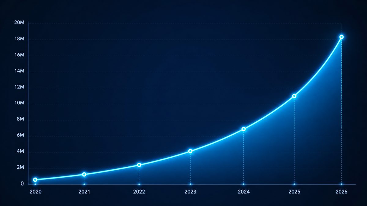 电影网站用户增长数据图表,展示2020-2026年注册用户从50万增长至1800万的趋势
